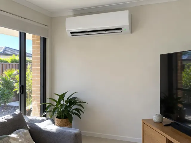 Wall-mounted split system running above a living room in a modern home with sliding glass doors in Southport