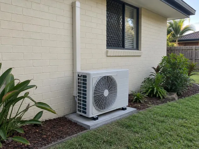 Outdoor air conditioner unit on a concrete pad beside a cream brick house with pipe cover in Parkwood
